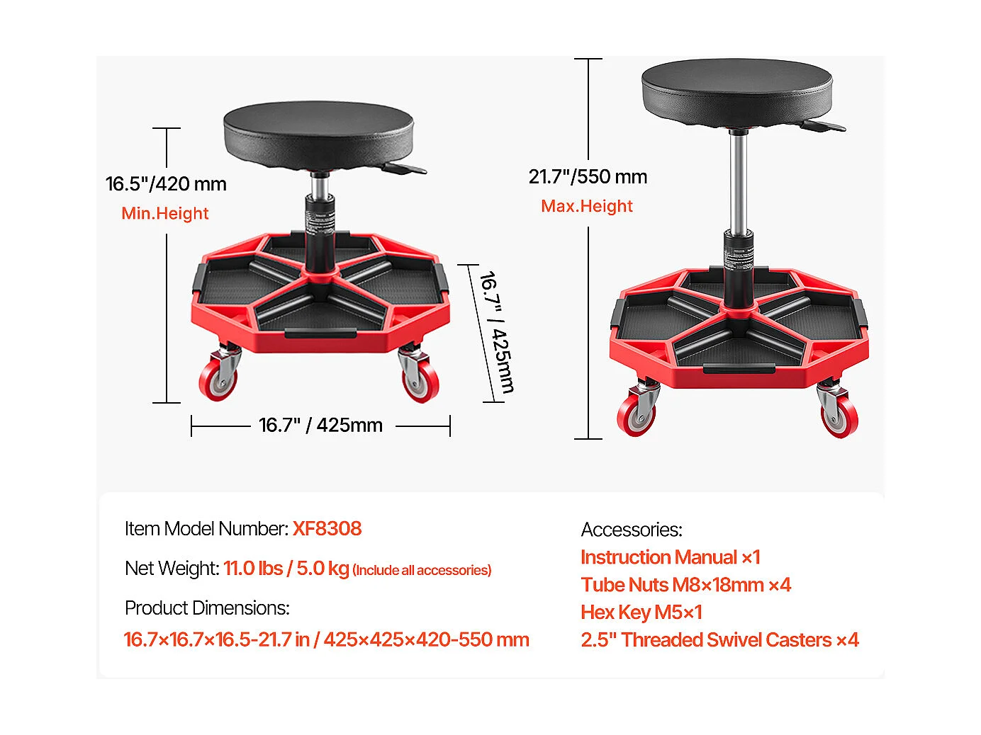 Tabouret d'Atelier, SucceBuy Tabouret d'Atelier Mobile, Siège de Mécanicien sur Roulettes, Capacité 136 kg pour Réparation et Entretien Automobile, Noir et Rouge