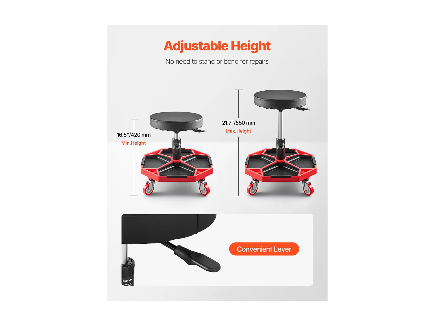 Tabouret d'Atelier, SucceBuy Tabouret d'Atelier Mobile, Siège de Mécanicien sur Roulettes, Capacité 136 kg pour Réparation et Entretien Automobile, Noir et Rouge