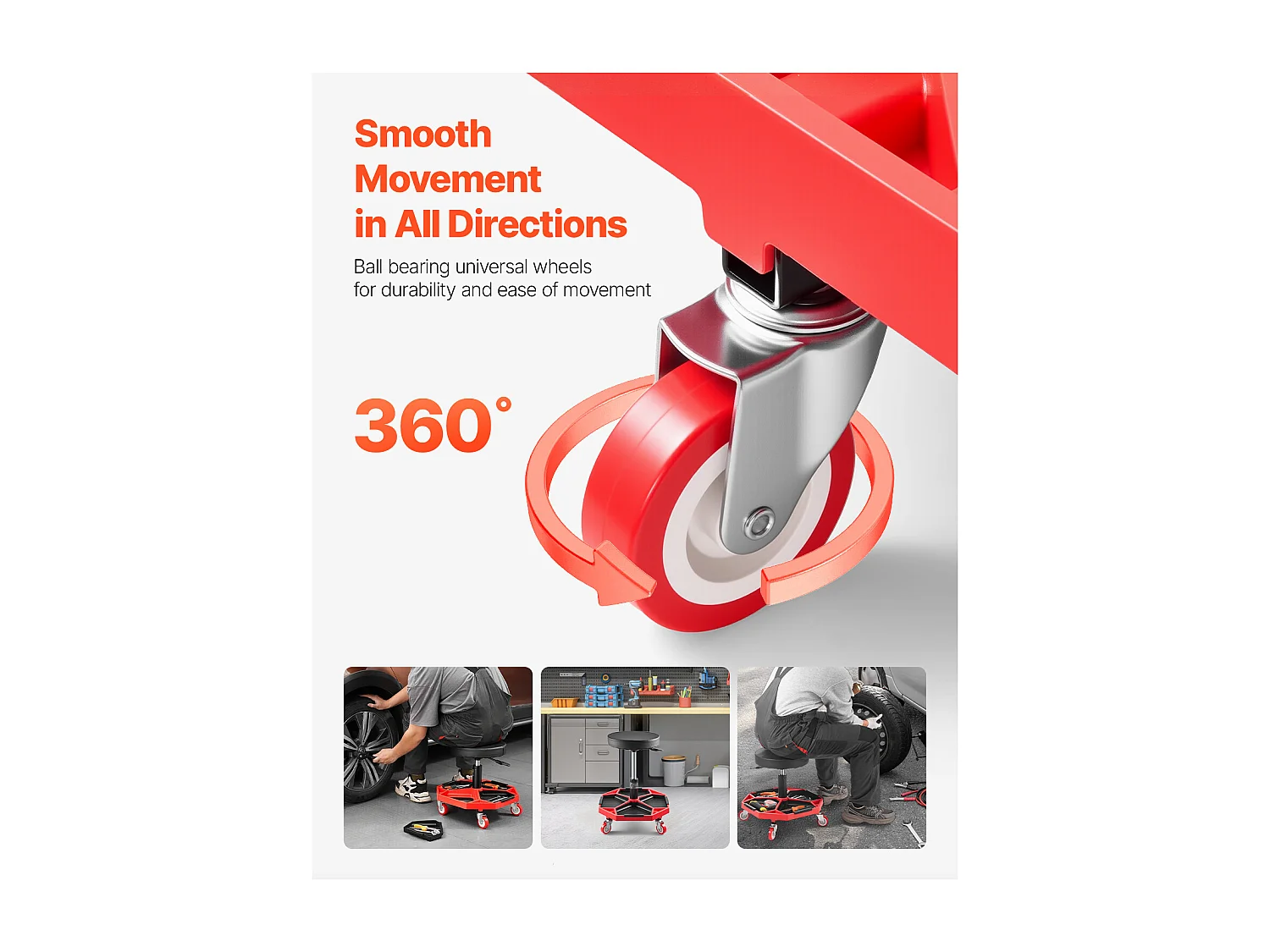 Tabouret d'Atelier, SucceBuy Tabouret d'Atelier Mobile, Siège de Mécanicien sur Roulettes, Capacité 136 kg pour Réparation et Entretien Automobile, Noir et Rouge