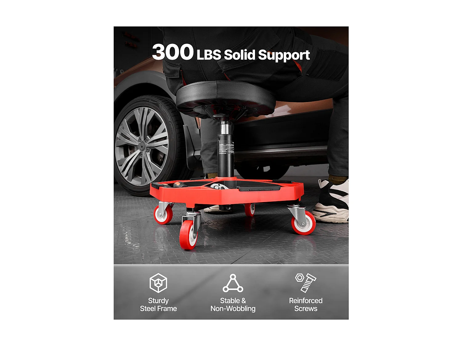 Tabouret d'Atelier, SucceBuy Tabouret d'Atelier Mobile, Siège de Mécanicien sur Roulettes, Capacité 136 kg pour Réparation et Entretien Automobile, Noir et Rouge