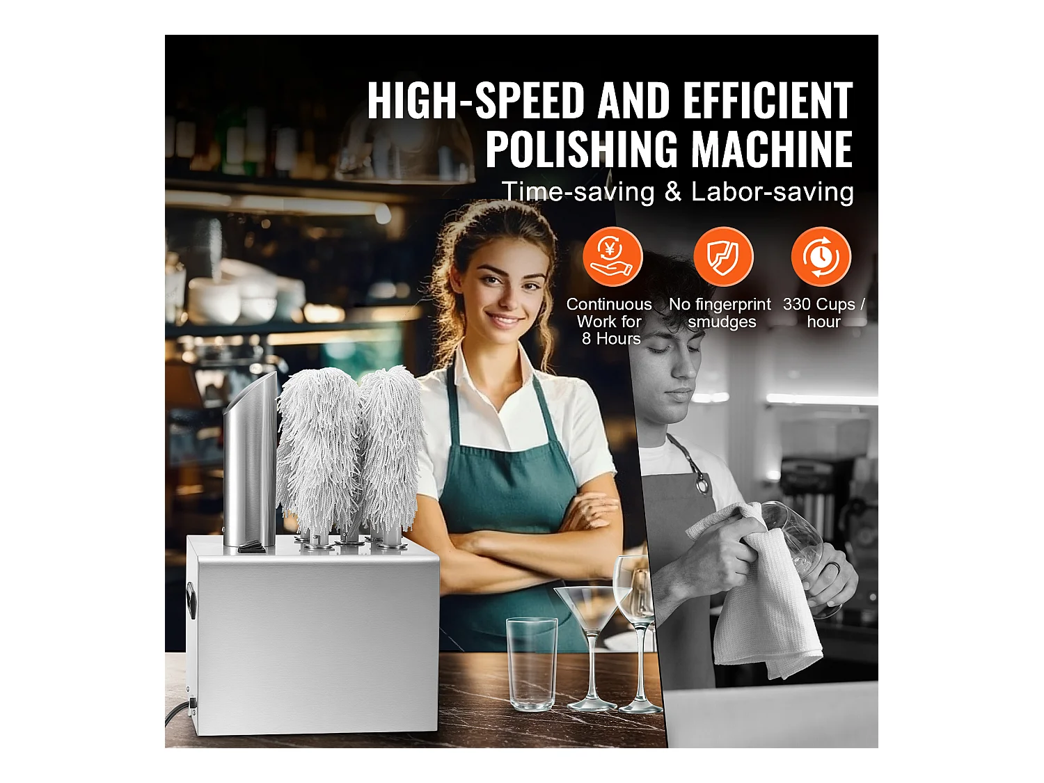 Wijnglaspolijster SucceBuy, 5 Borstels, 330 Glazen/uur, voor Bars en Restaurants