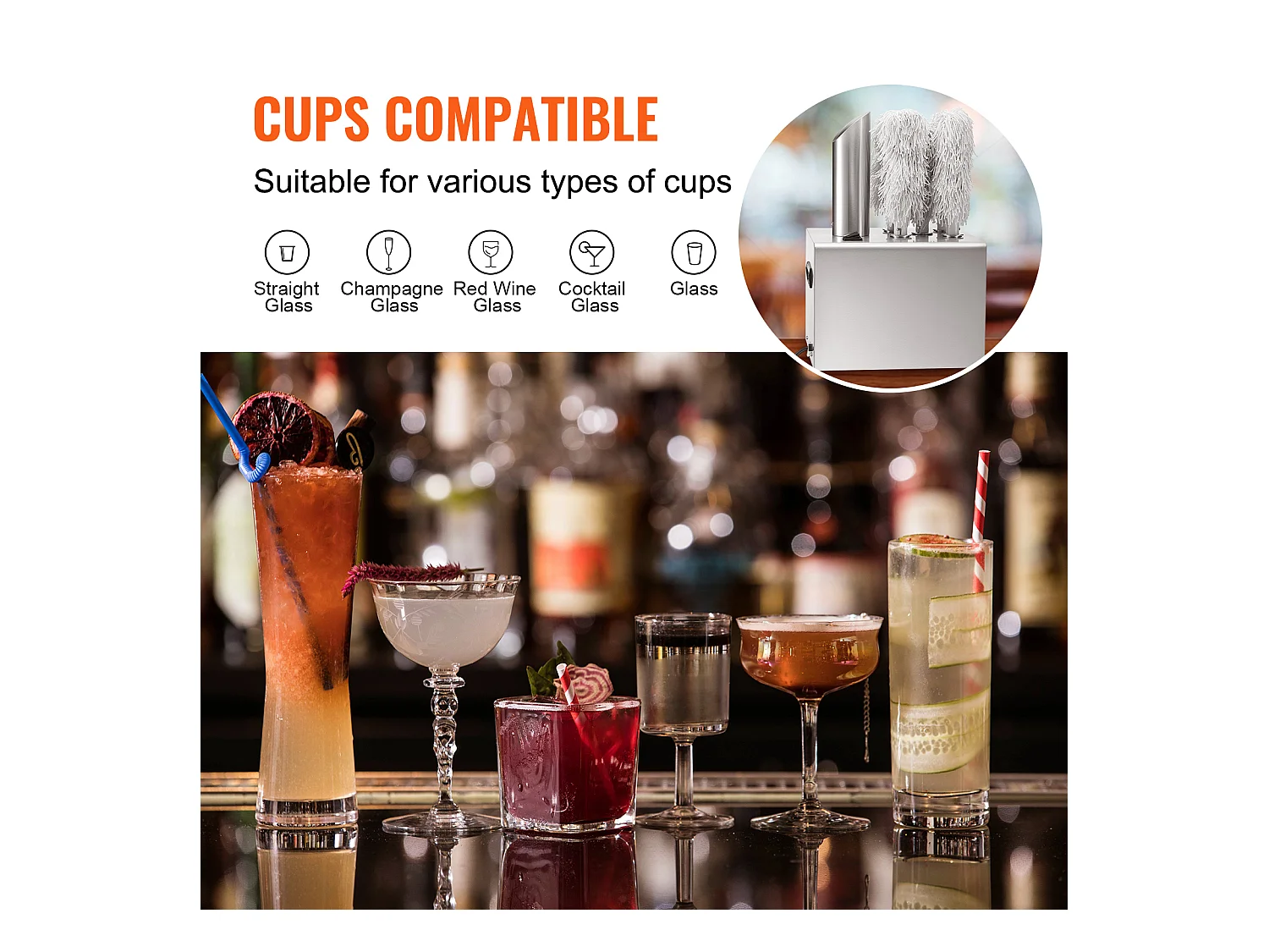 Wijnglaspolijster SucceBuy, 5 Borstels, 330 Glazen/uur, voor Bars en Restaurants