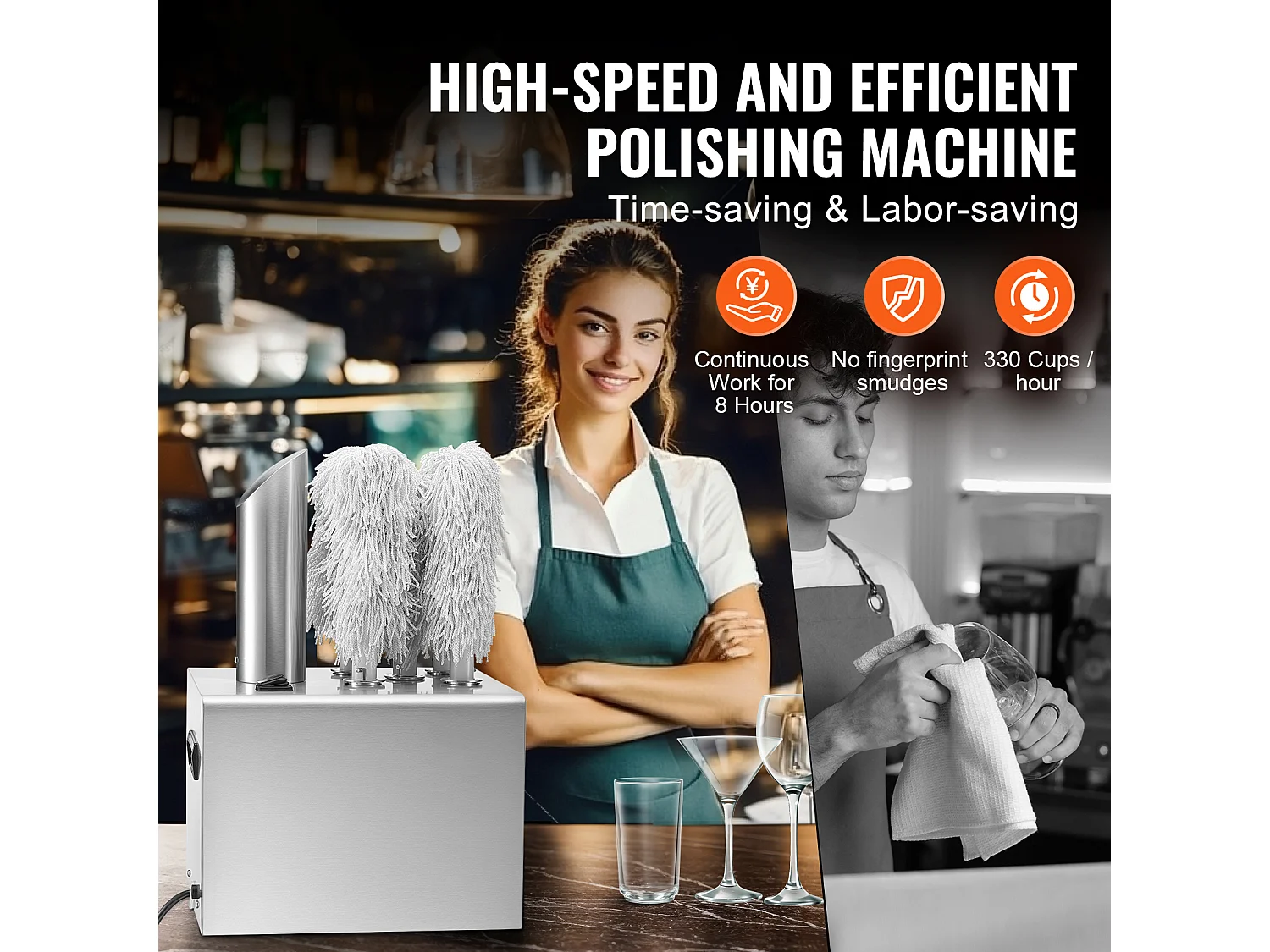Polissoir à Verres à Vin SucceBuy, 5 Brosses, 330 Tasses/h, pour Bar et Restaurant