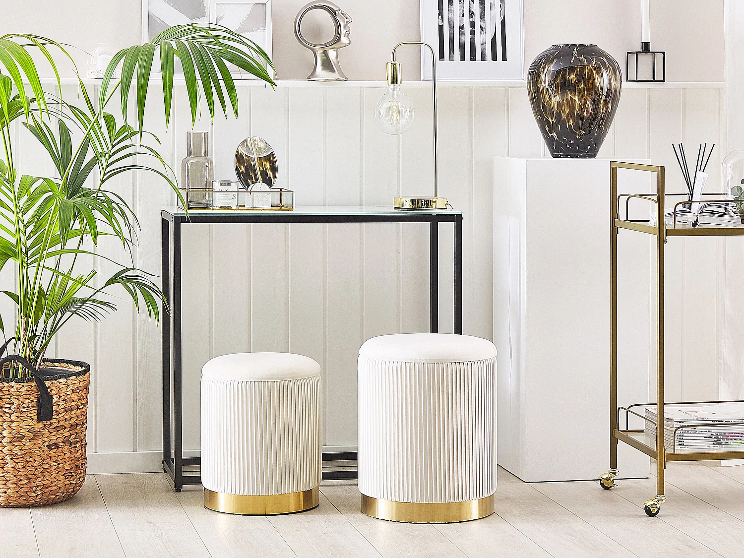 Conjunto de 2 tamboretes com arrumação MIRAMAR Veludo Branco 35/31 cm 35/31 cm 44/39 cm