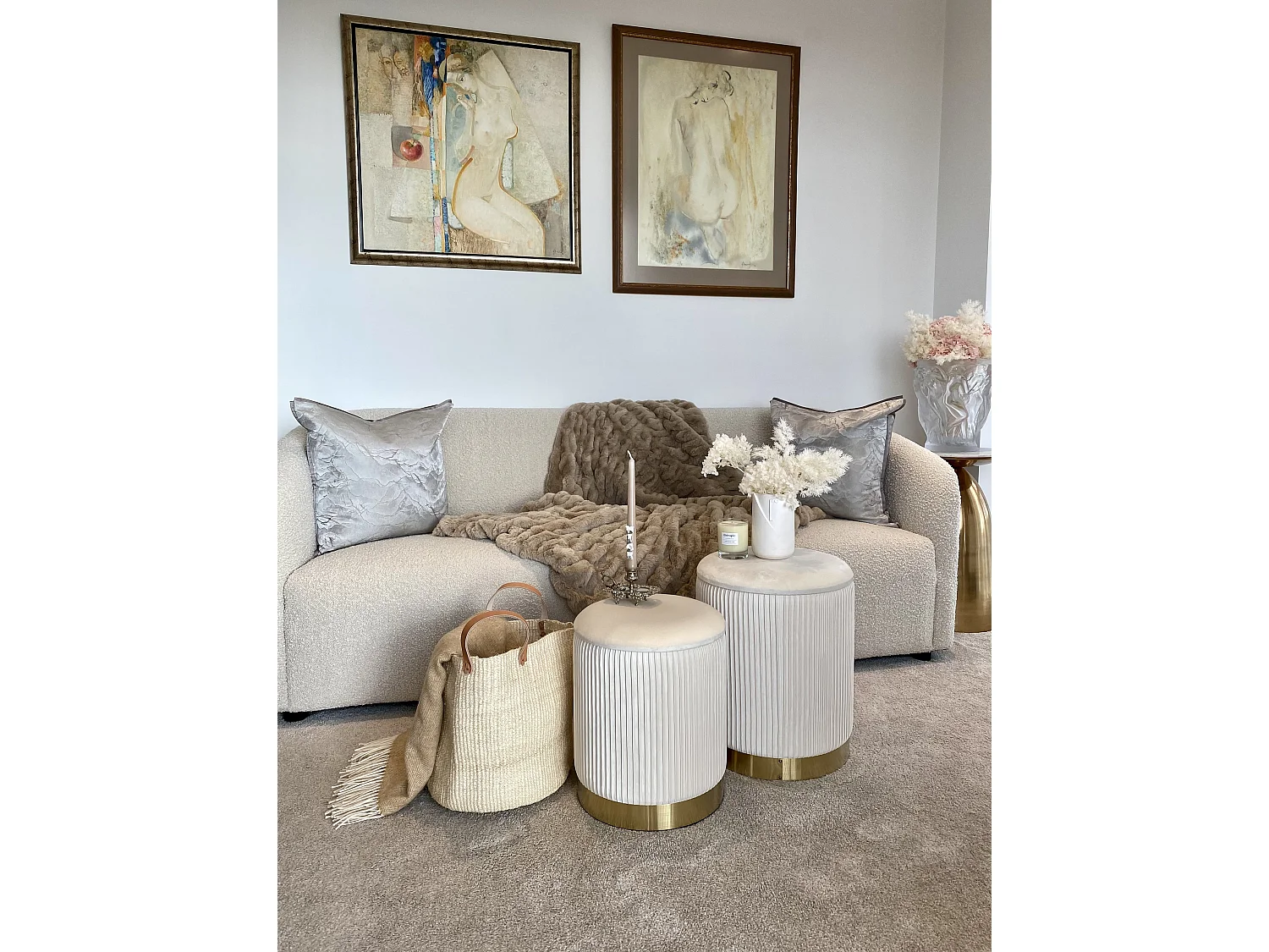 Lot de 2 poufs avec rangement MIRAMAR Velours Blanc 35/31 cm 35/31 cm 44/39 cm