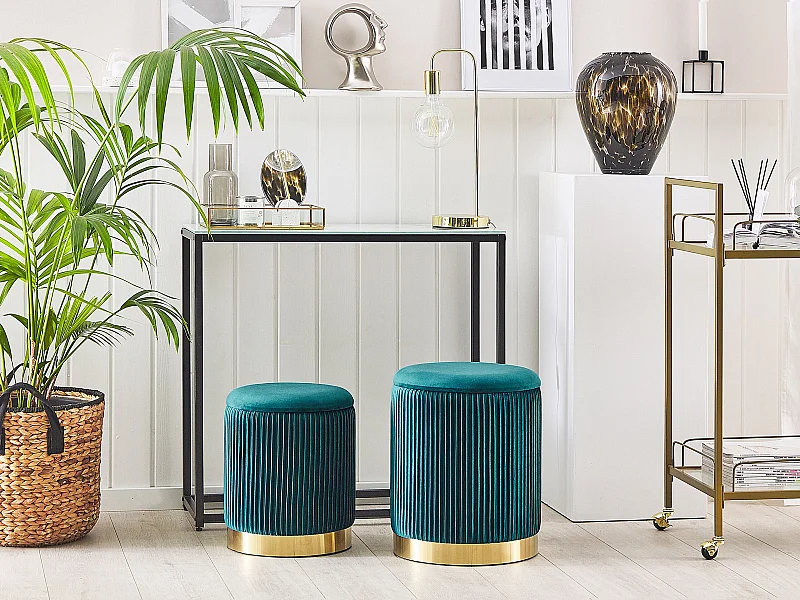 Runder Pouf im 2er Set aus Samt blaugrün Ottoman Sitzpouf Rillen-Optik Miramar