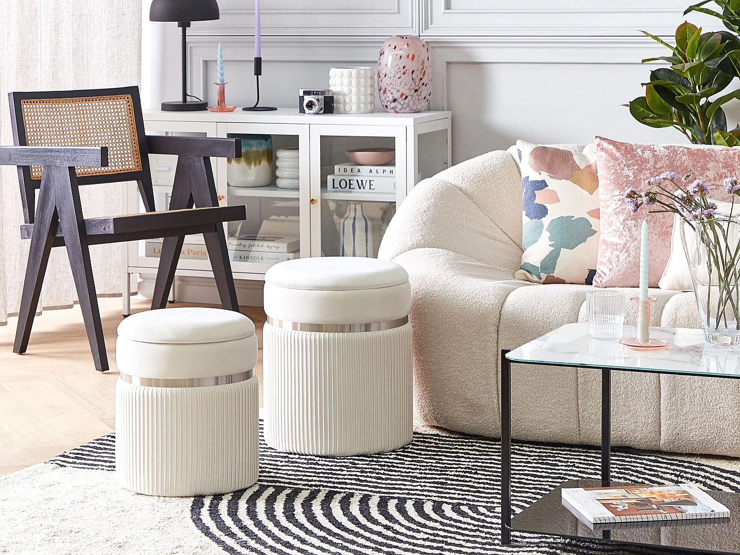 Lot de 2 poufs avec rangement CAMDENTON Velours Blanc cassé