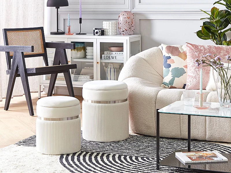 Conjunto de 2 tamboretes com arrumação CAMDENTON Veludo Branco creme 36/31 cm 36/31 cm 44/38 cm