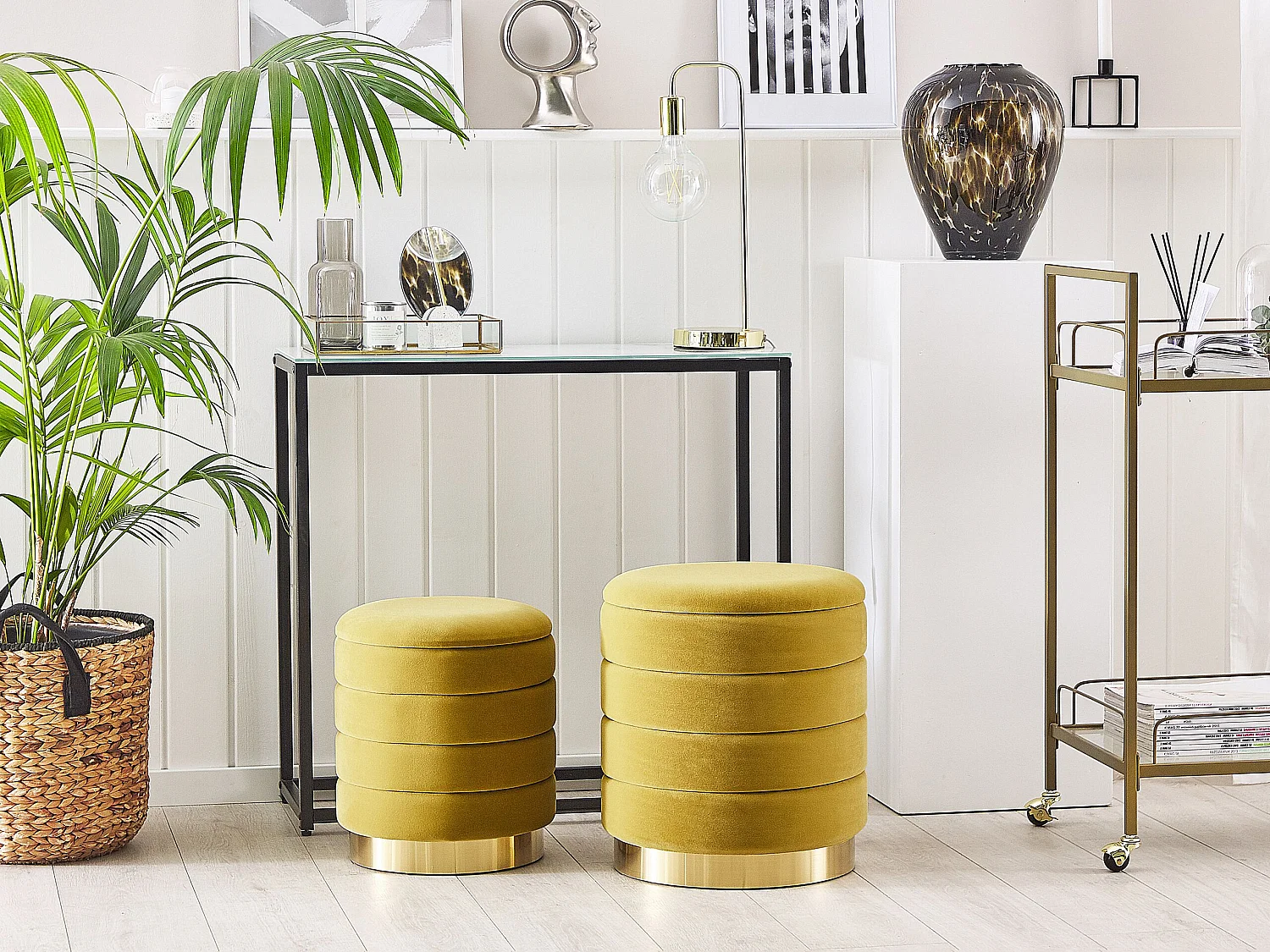 Lot de 2 poufs avec rangement GARLAND Velours Moutarde 40/33 cm 40/33 cm 44/38 cm