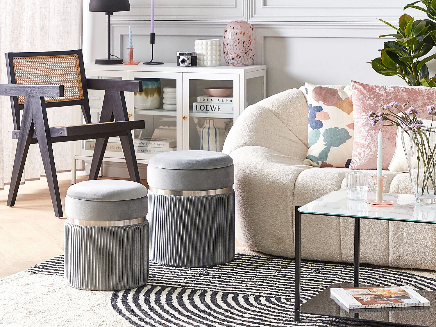 Lot de 2 poufs avec rangement CAMDENTON Velours Gris clair