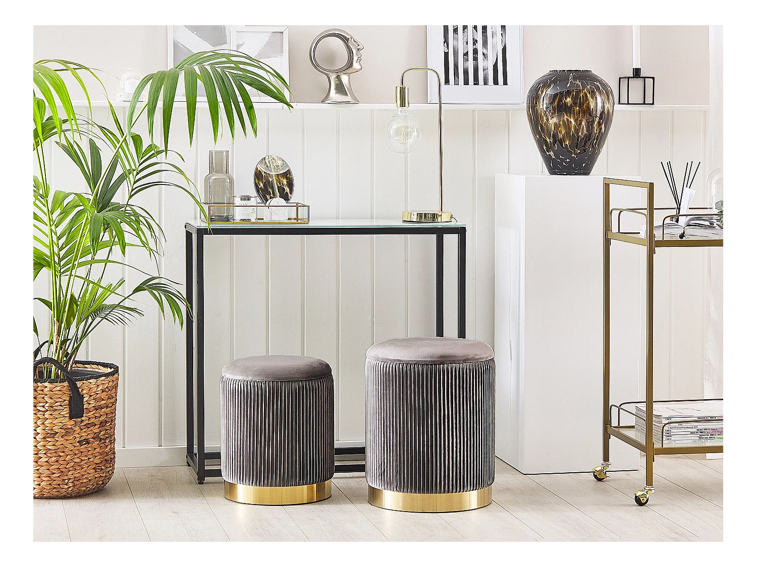 Zestaw 2 pufów ze schowkiem MIRAMAR Welur Szary 35/31 cm 35/31 cm 44/39 cm