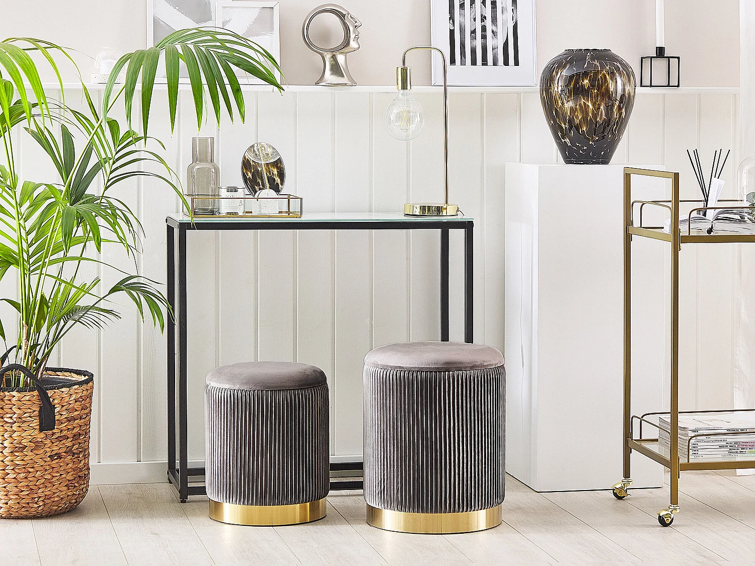 Lot de 2 poufs avec rangement MIRAMAR Velours Gris 35/31 cm 35/31 cm 44/39 cm