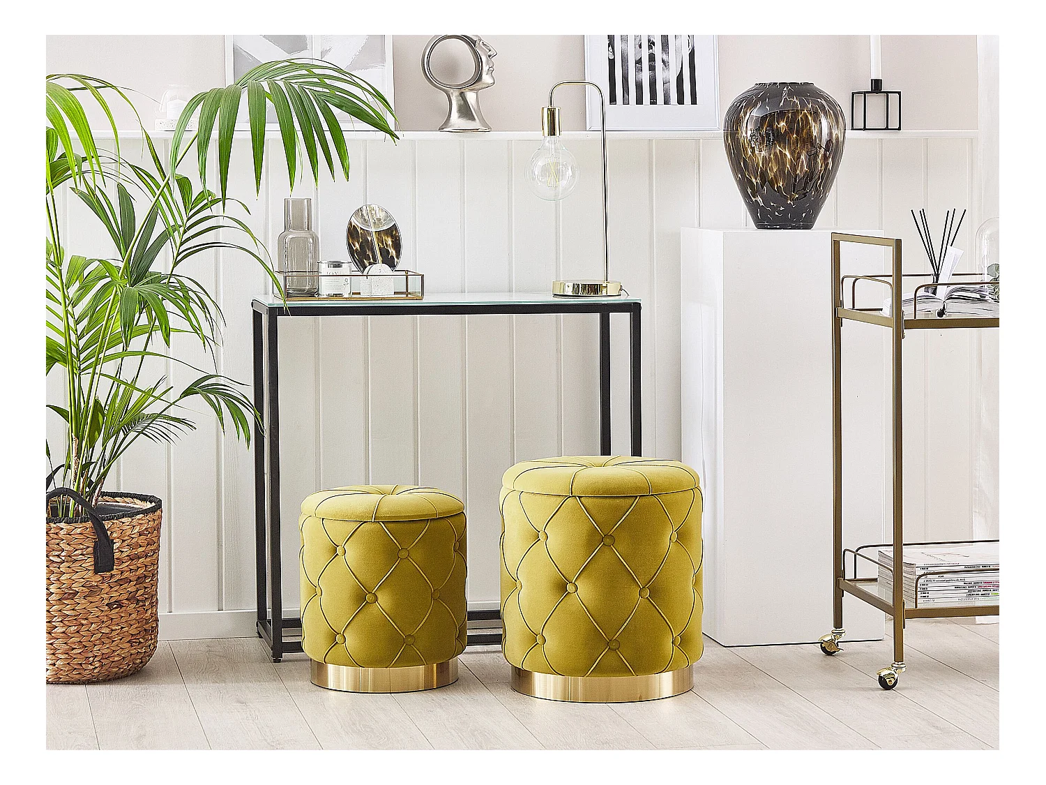 Runder Pouf im 2er Set Samt gelb Ottoman Sitzpouf Chesterfield Stil Pueblo