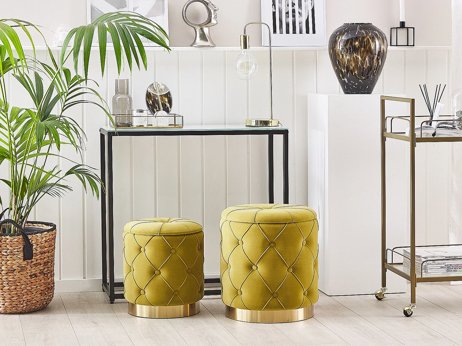 Lot de 2 poufs avec rangement PUEBLO Velours Moutarde 40/33 cm 40/33 cm 44/36 cm