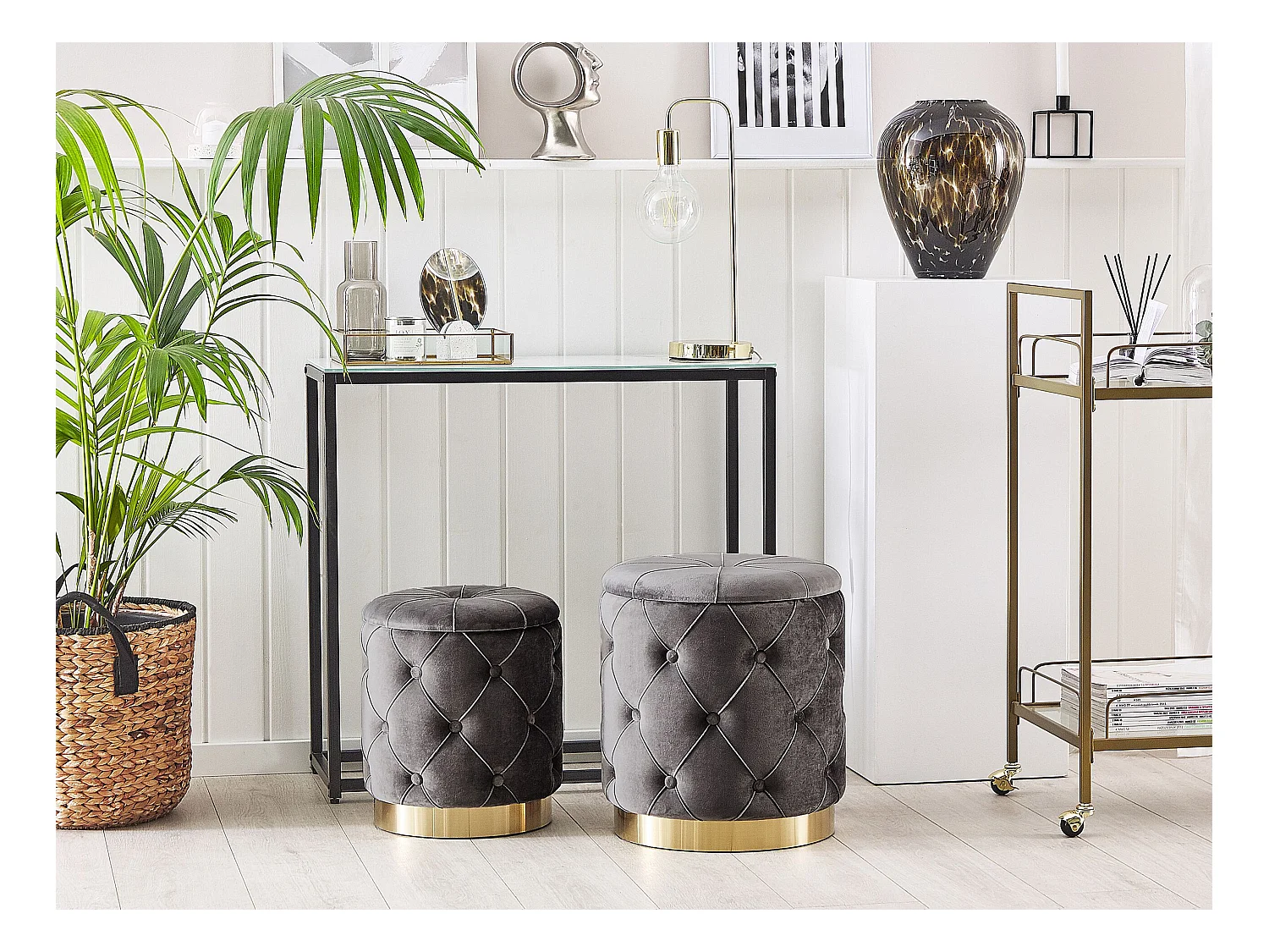 Set van 2 opbergpoefs PUEBLO Fluweel Grijs 40/33 cm 40/33 cm 44/36 cm