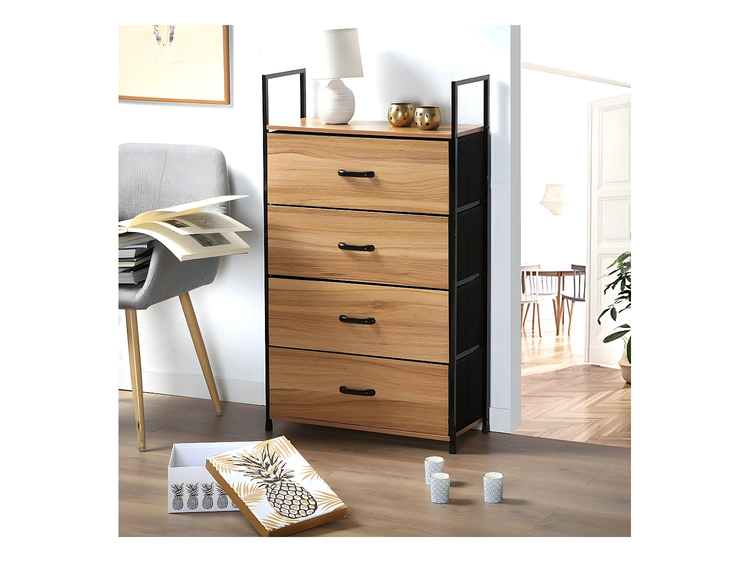 Ladekast met 4 Stoffen Laden en Decoratieve Houten Voorkant - L60 cm