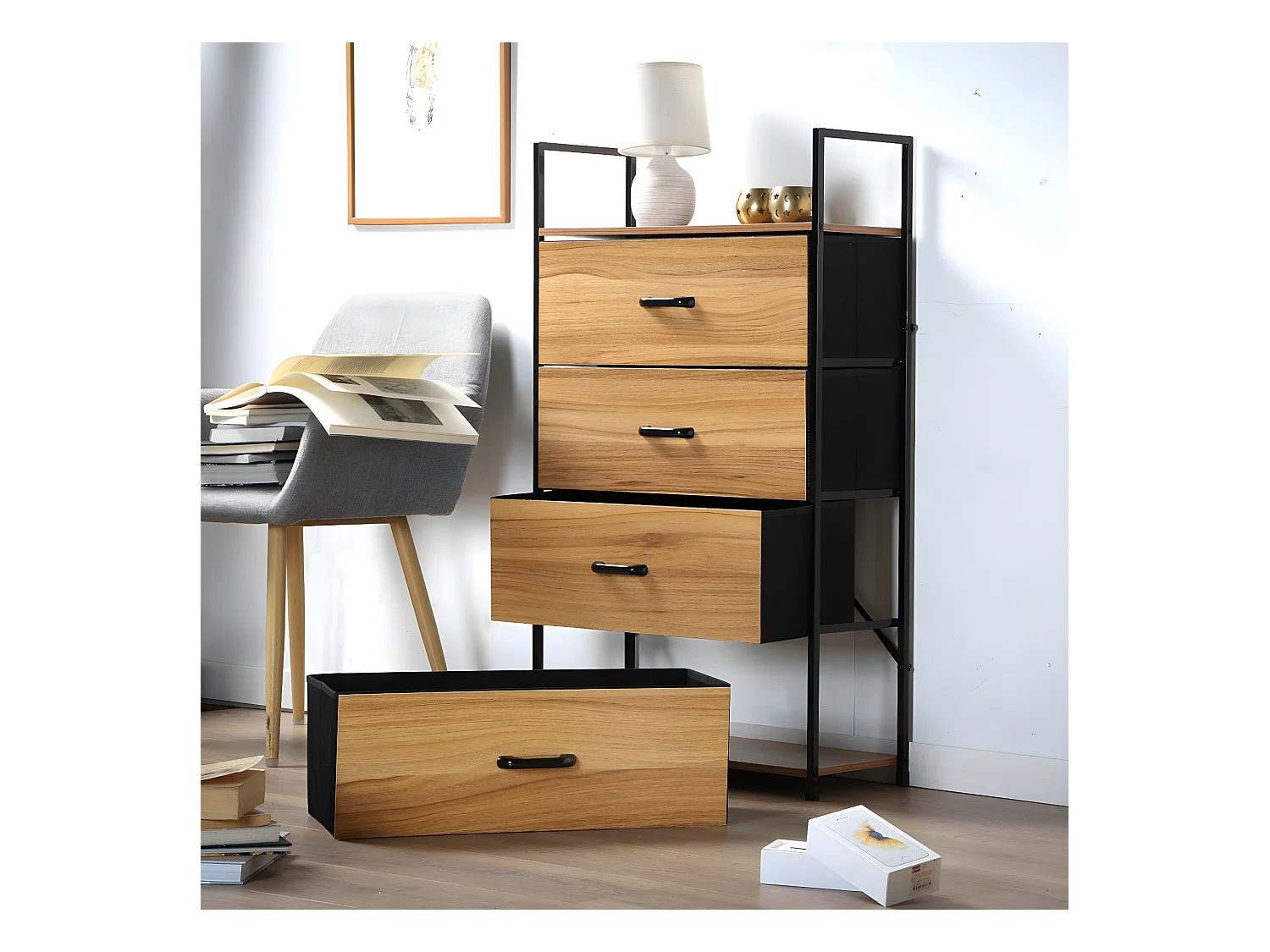 Ladekast met 4 Stoffen Laden en Decoratieve Houten Voorkant - L60 cm