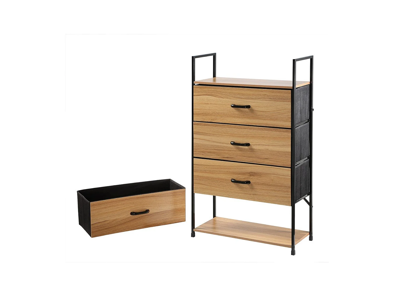Ladekast met 4 Stoffen Laden en Decoratieve Houten Voorkant - L60 cm