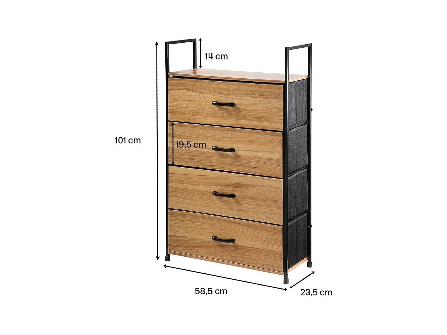 Ladekast met 4 Stoffen Laden en Decoratieve Houten Voorkant - L60 cm