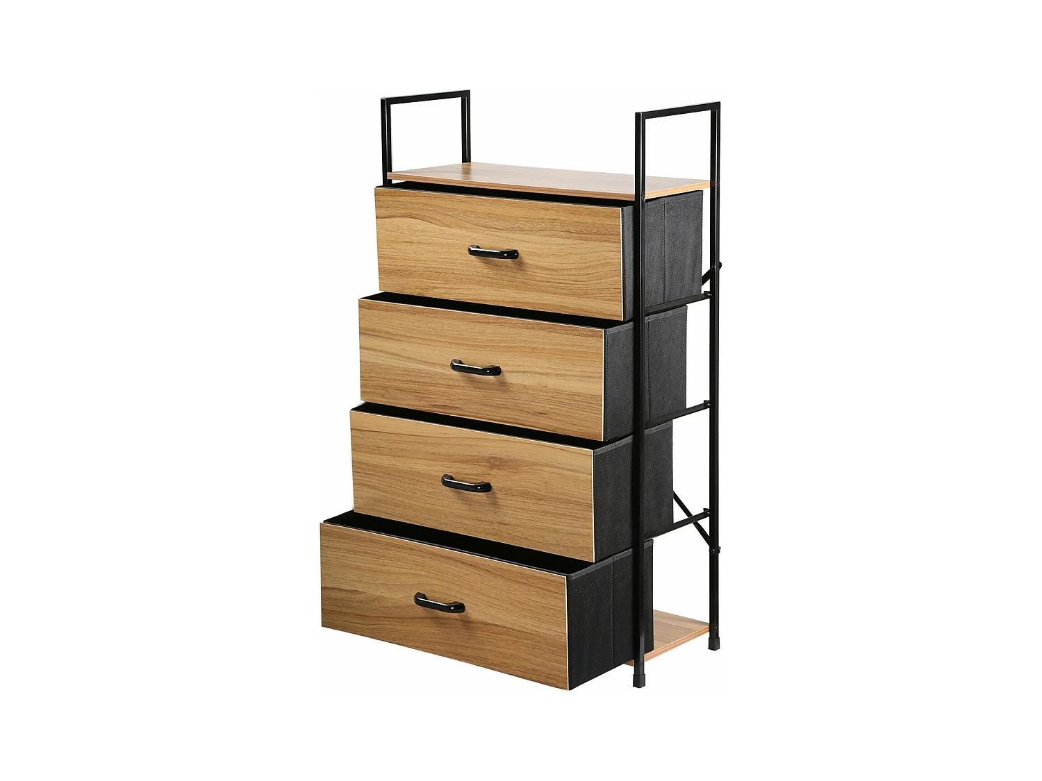 Ladekast met 4 Stoffen Laden en Decoratieve Houten Voorkant - L60 cm