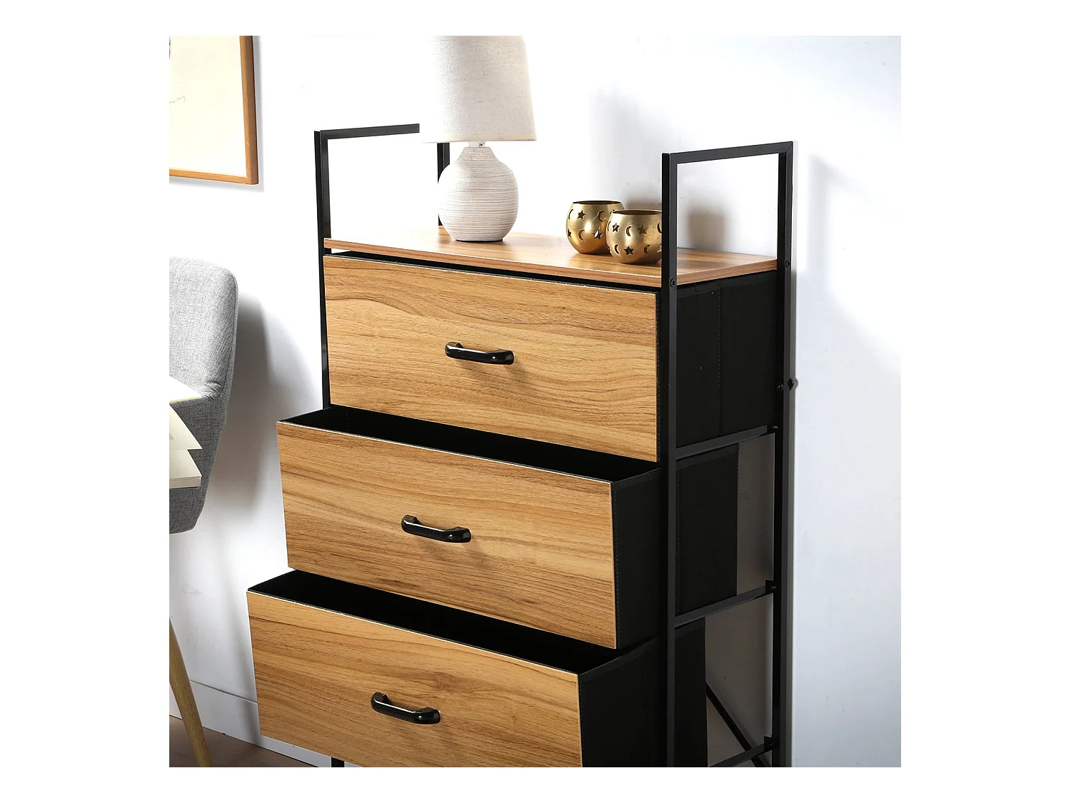 Ladekast met 4 Stoffen Laden en Decoratieve Houten Voorkant - L60 cm