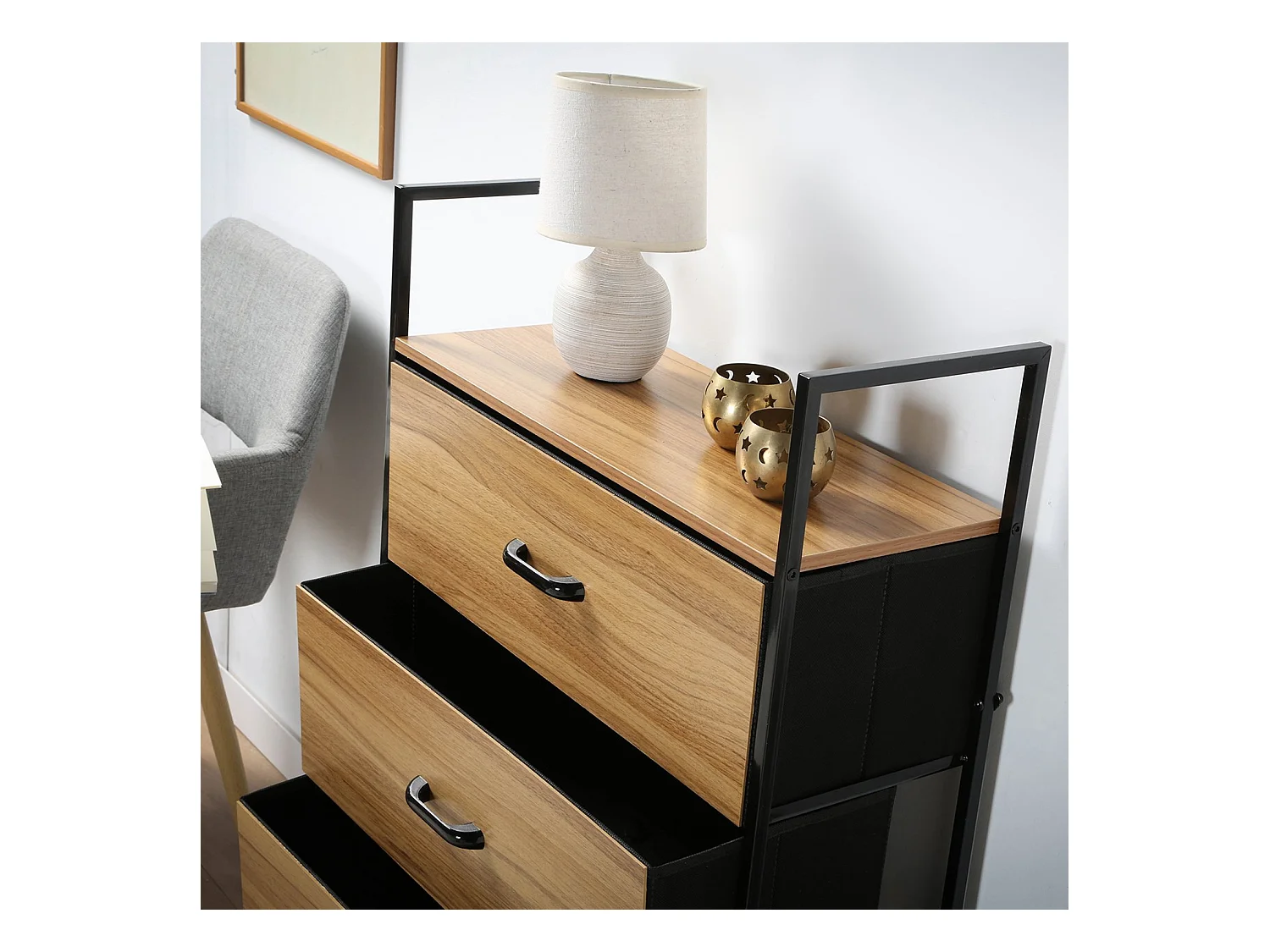 Ladekast met 4 Stoffen Laden en Decoratieve Houten Voorkant - L60 cm