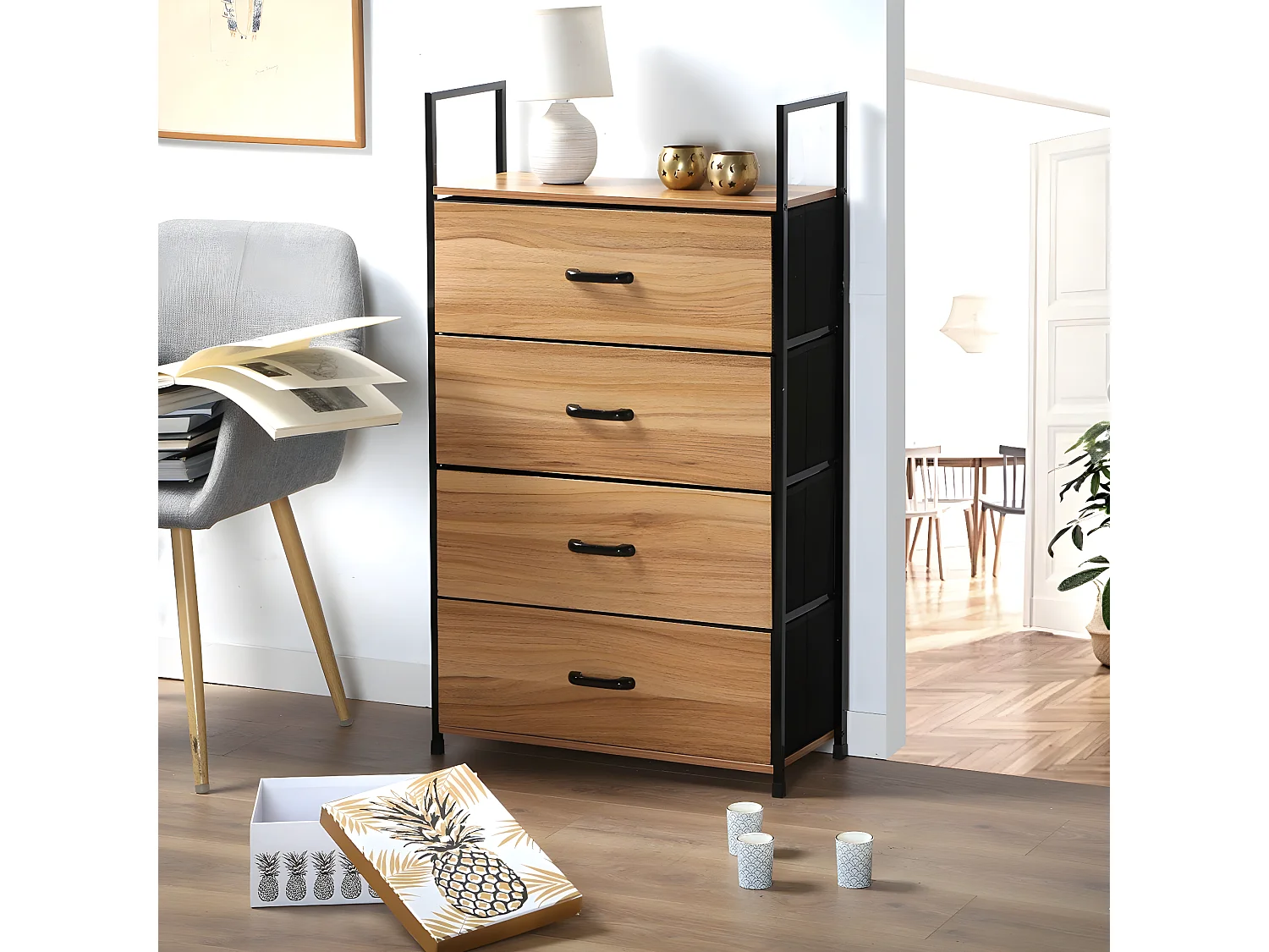 Chiffonnier 4 tiroirs façade décor bois - L60 cm