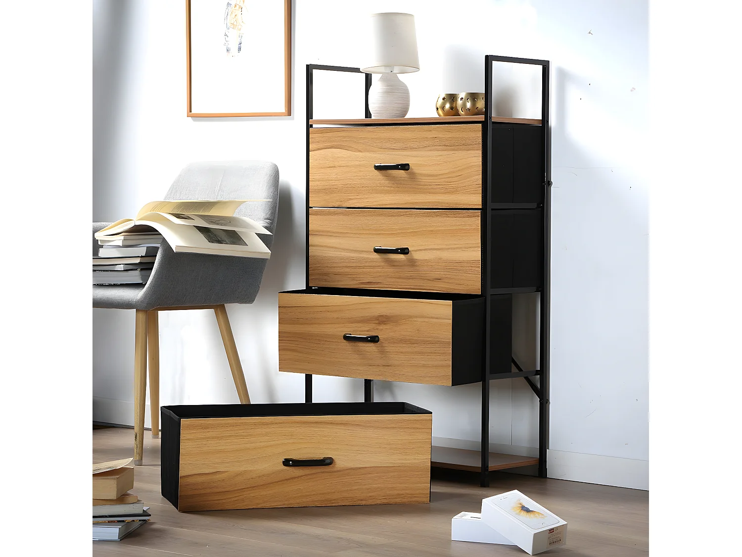 Chiffonnier 4 tiroirs façade décor bois - L60 cm