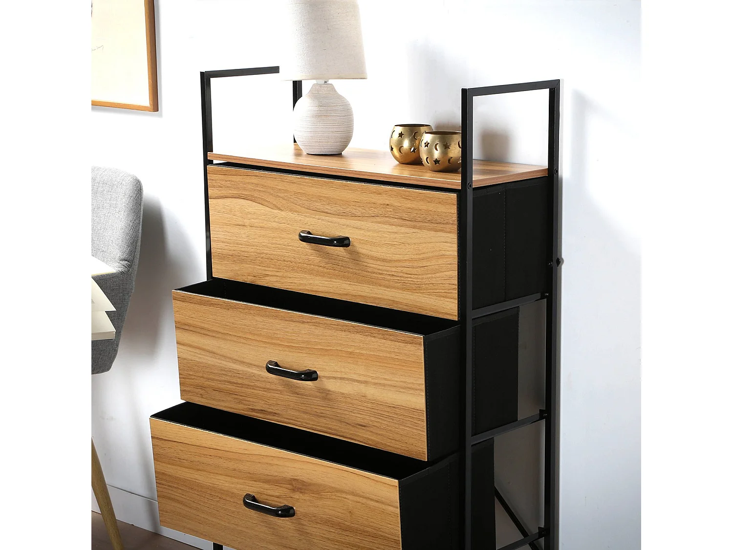 Chiffonnier 4 tiroirs façade décor bois - L60 cm