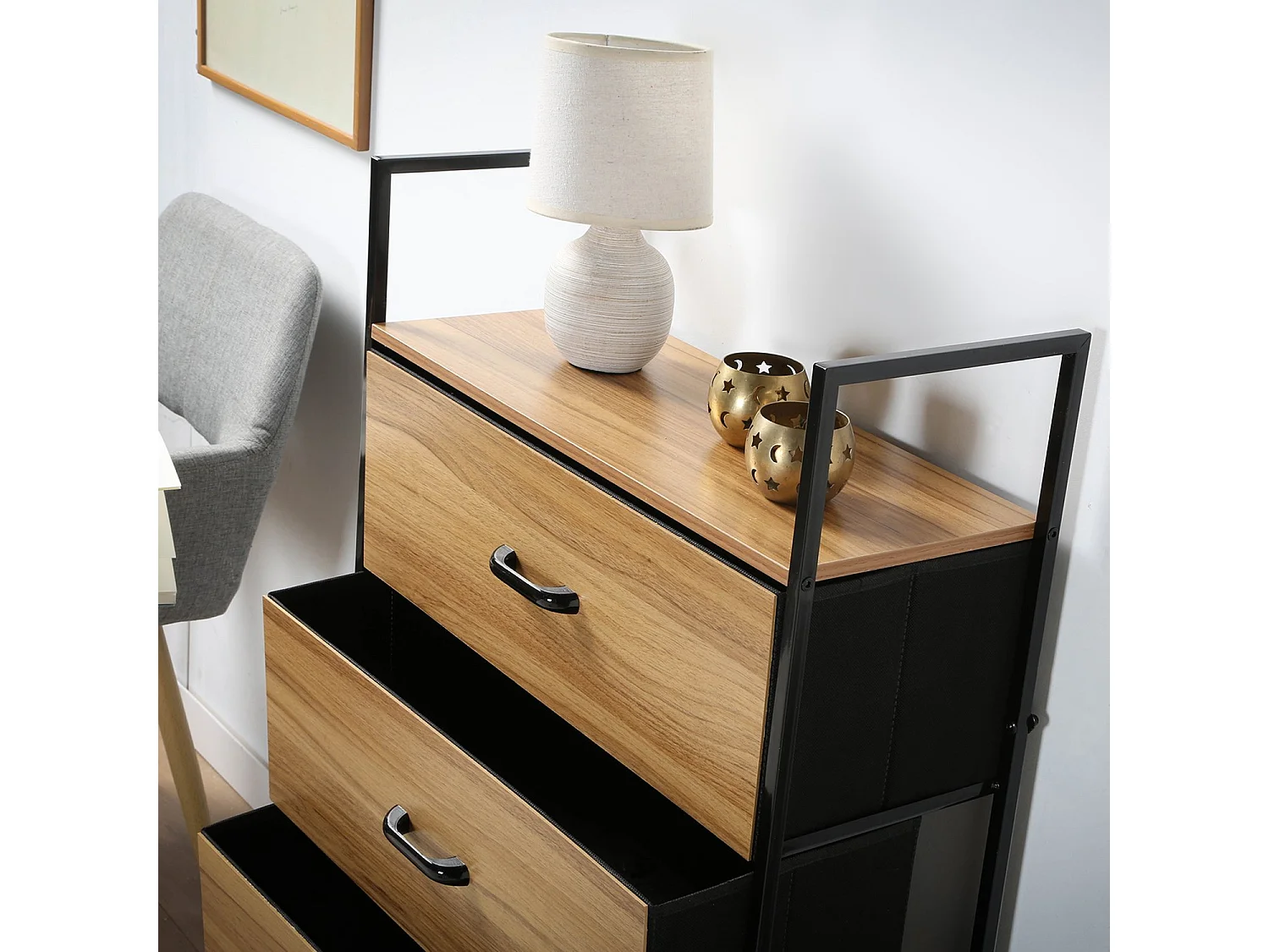 Chiffonnier 4 tiroirs façade décor bois - L60 cm