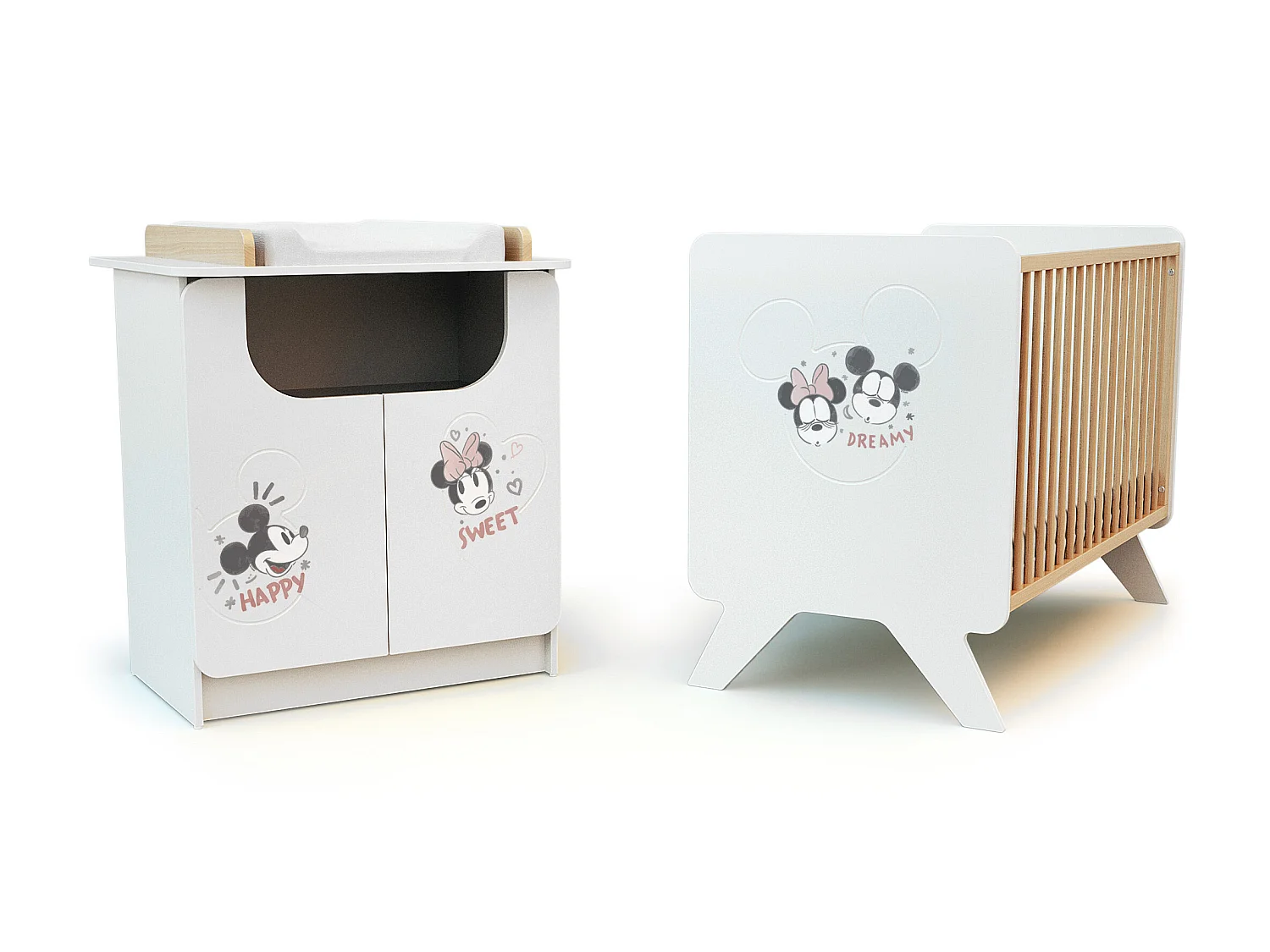 Lettino bambini e cassettiera fasciatoio DISNEY Happy Days Mickey legno - Bianco/Faggio - 60 x 120