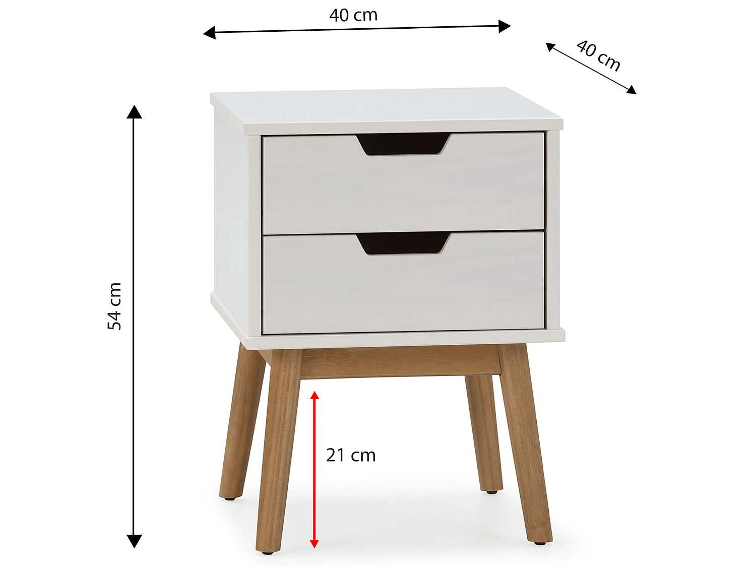 Table de chevet Baku 2 tiroirs blanc, bois de pin massif
