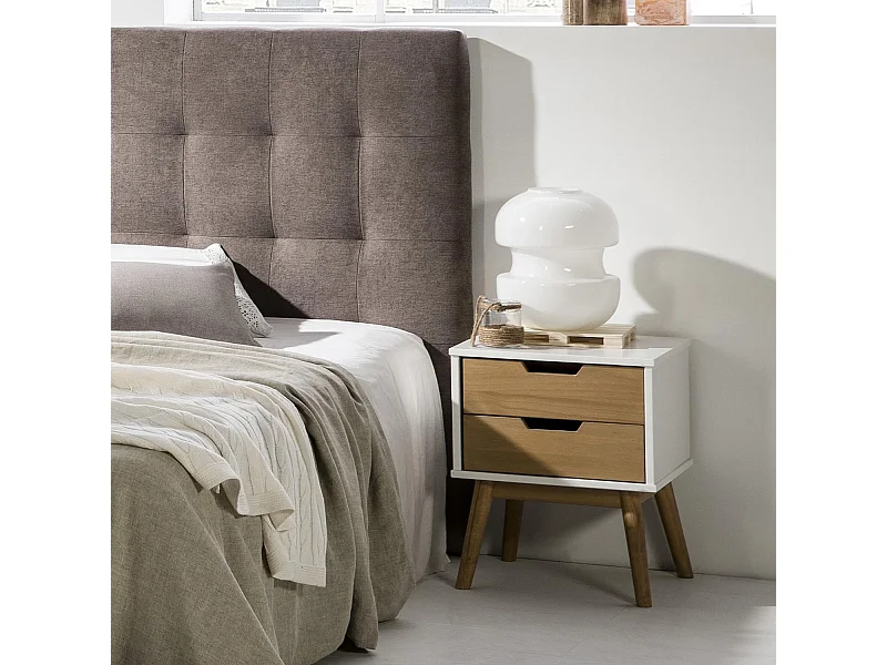 Mesita de noche Baku de 2 cajones blanco/cera, madera de pino maciza