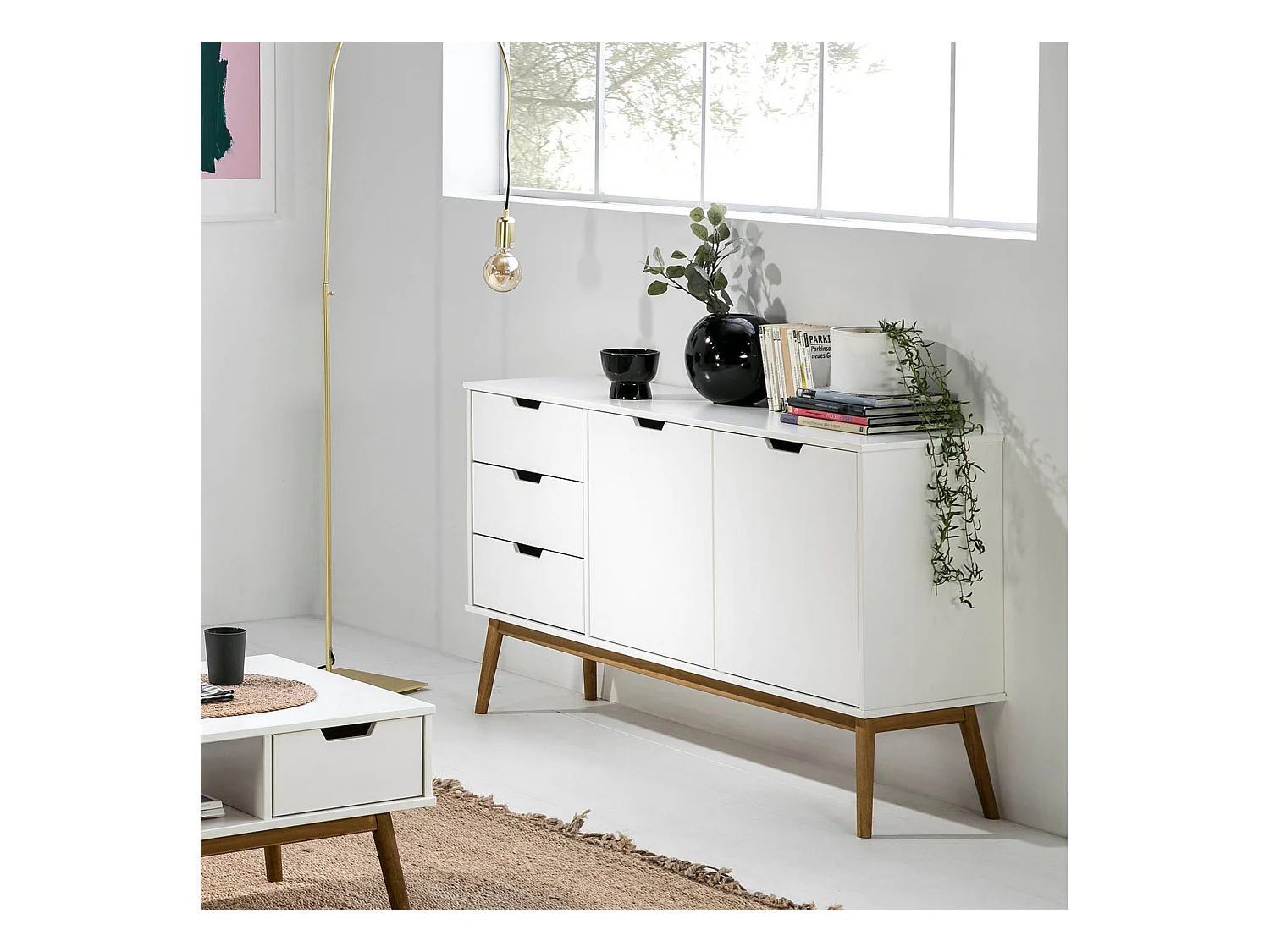 Credenza Baku 3 cassetti e 2 porte bianco, pino massiccio, 140 cm larghezza