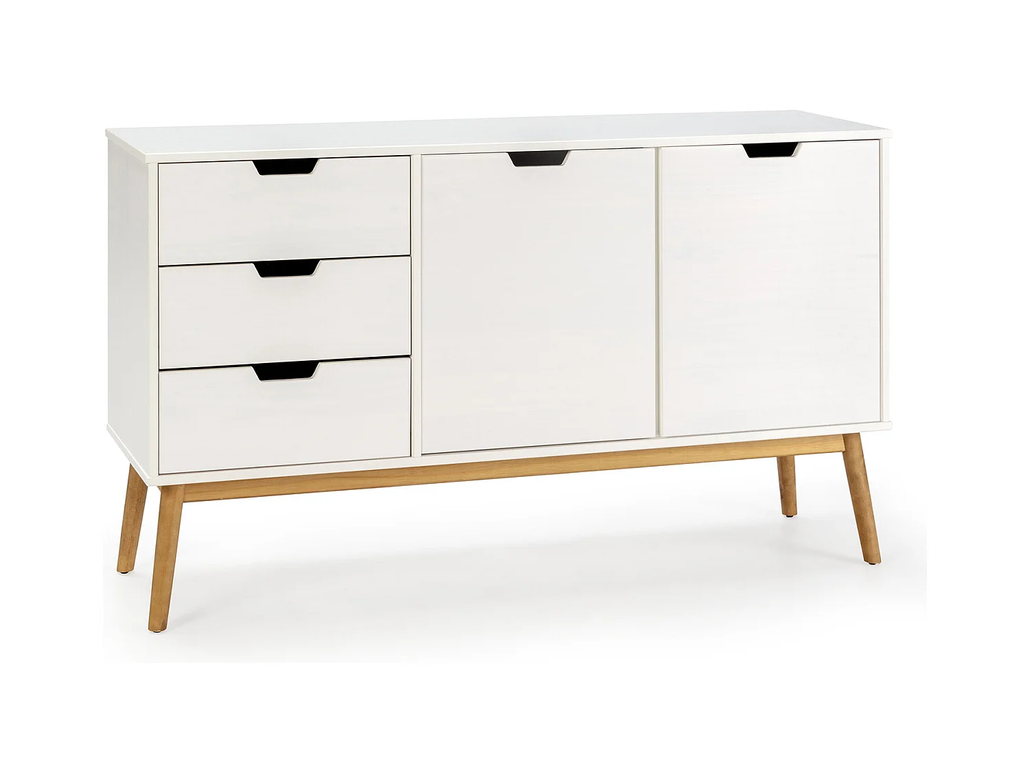 Credenza Baku 3 cassetti e 2 porte bianco, pino massiccio, 140 cm larghezza