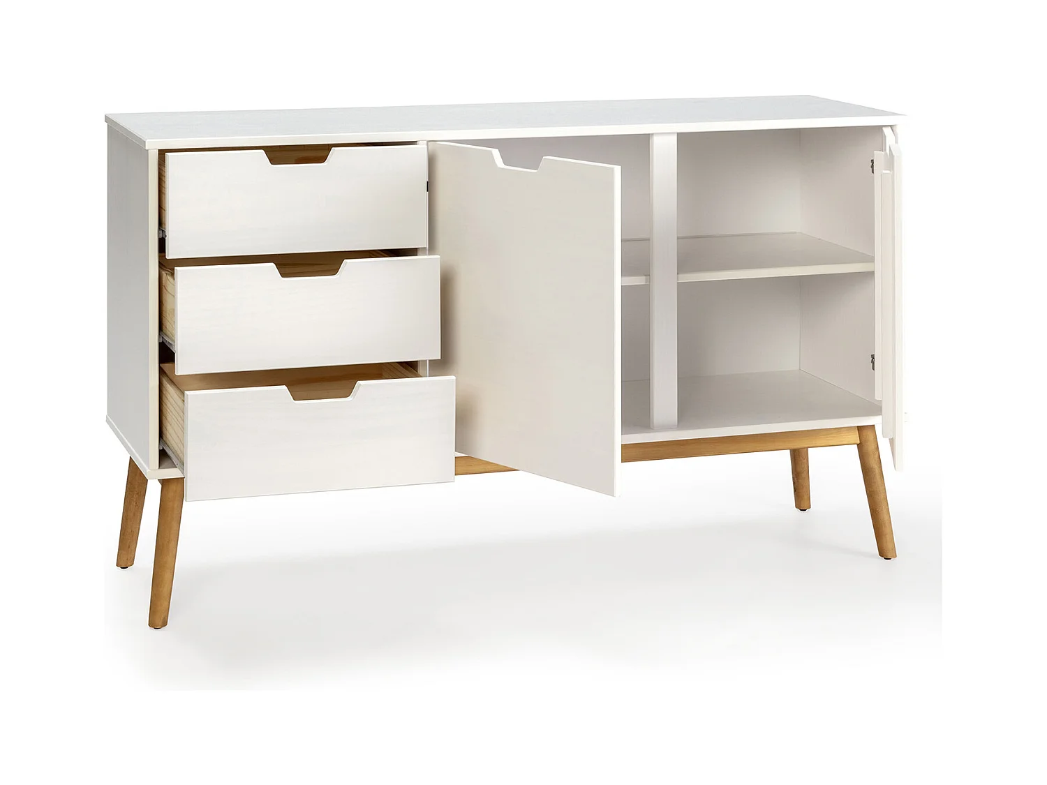 Credenza Baku 3 cassetti e 2 porte bianco, pino massiccio, 140 cm larghezza