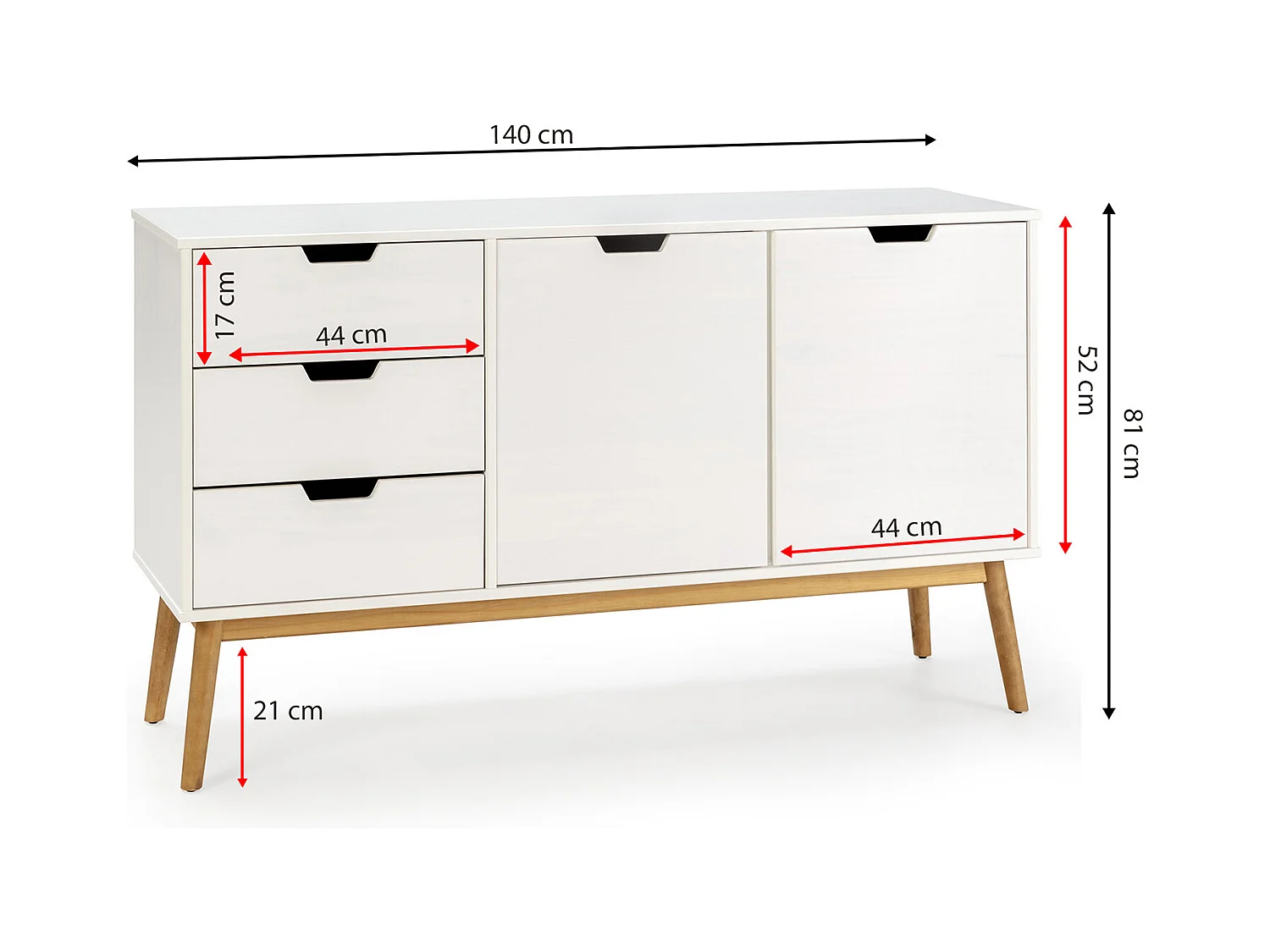 Credenza Baku 3 cassetti e 2 porte bianco, pino massiccio, 140 cm larghezza