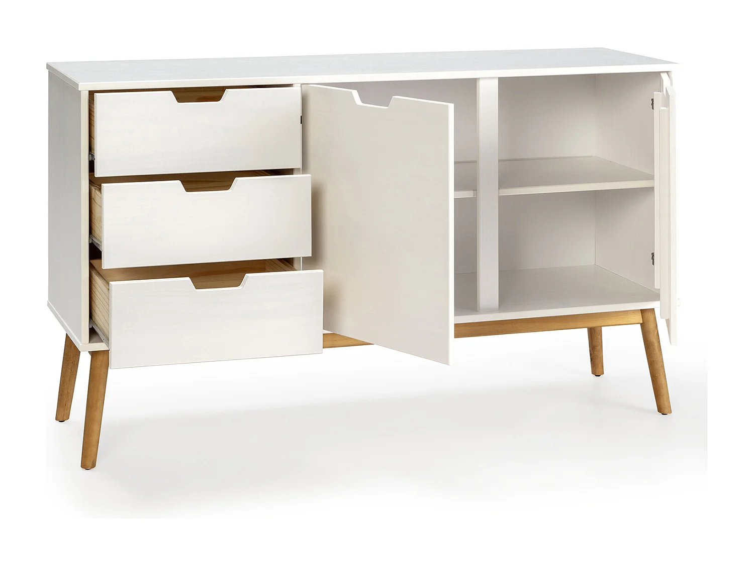 Buffet Baku 3 tiroir y 2 porte blanc, pin massif, longueur 140 cm