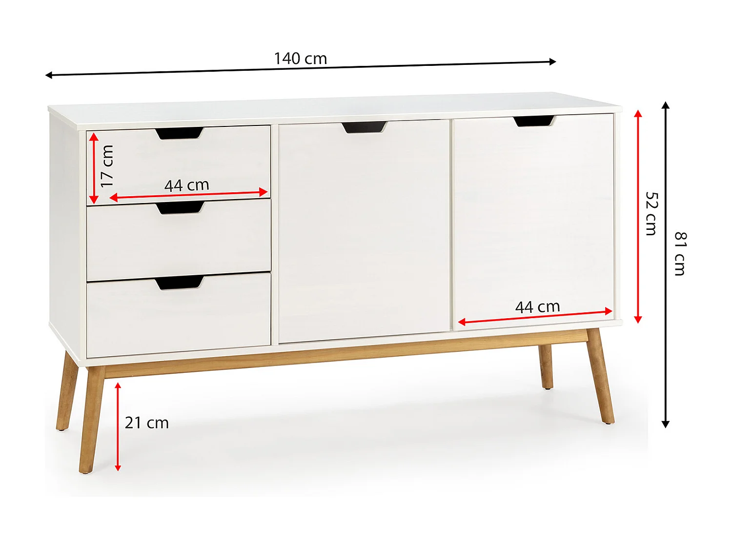 Buffet Baku 3 tiroir y 2 porte blanc, pin massif, longueur 140 cm