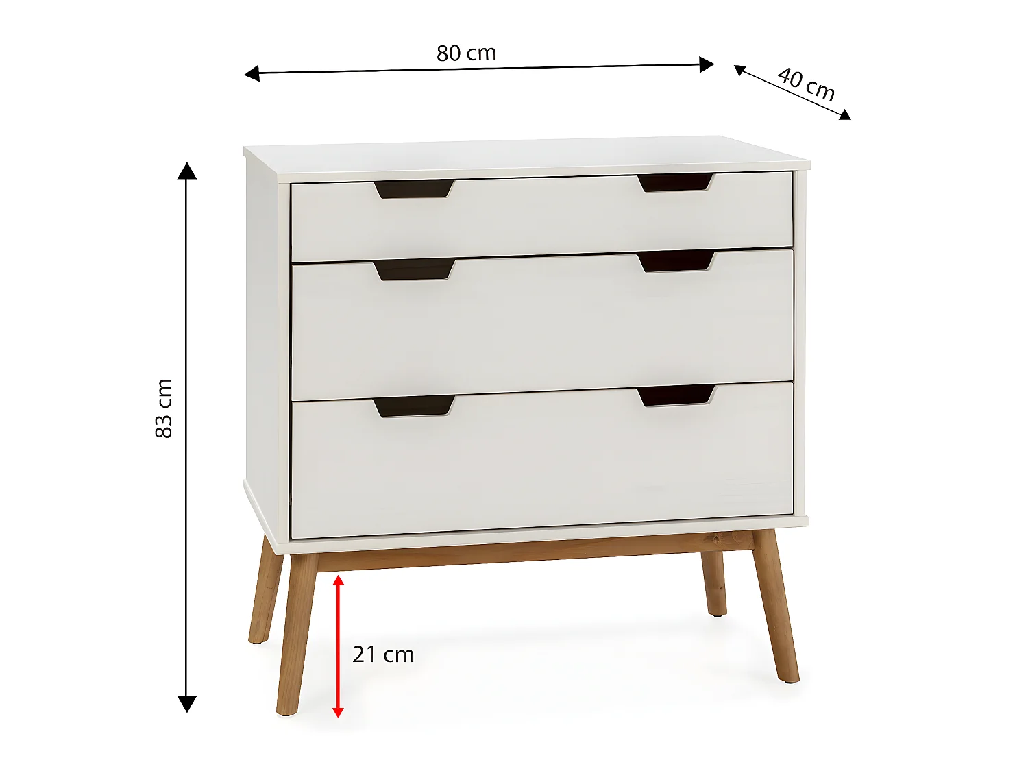 Nachtkastje Baku met 3 laden in de kleur wit, 80 cm breed.