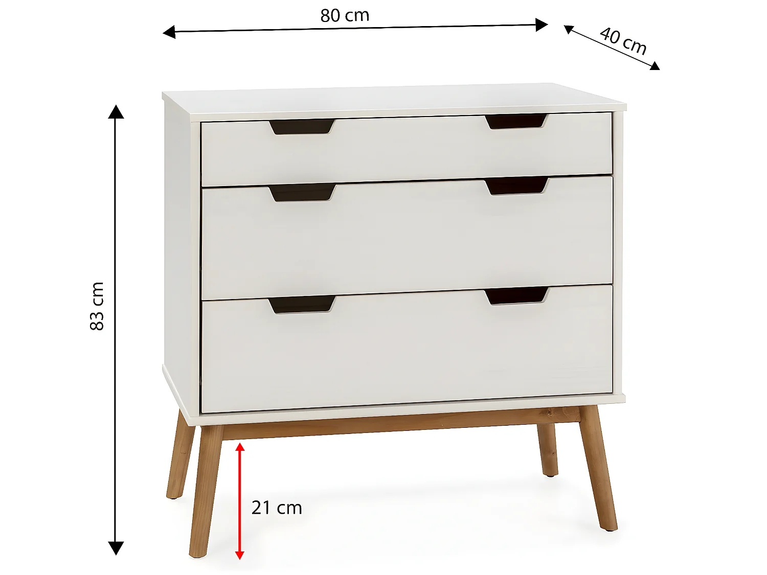 Commode Baku 3 tiroirs couleur blanc, 80 cm longueur