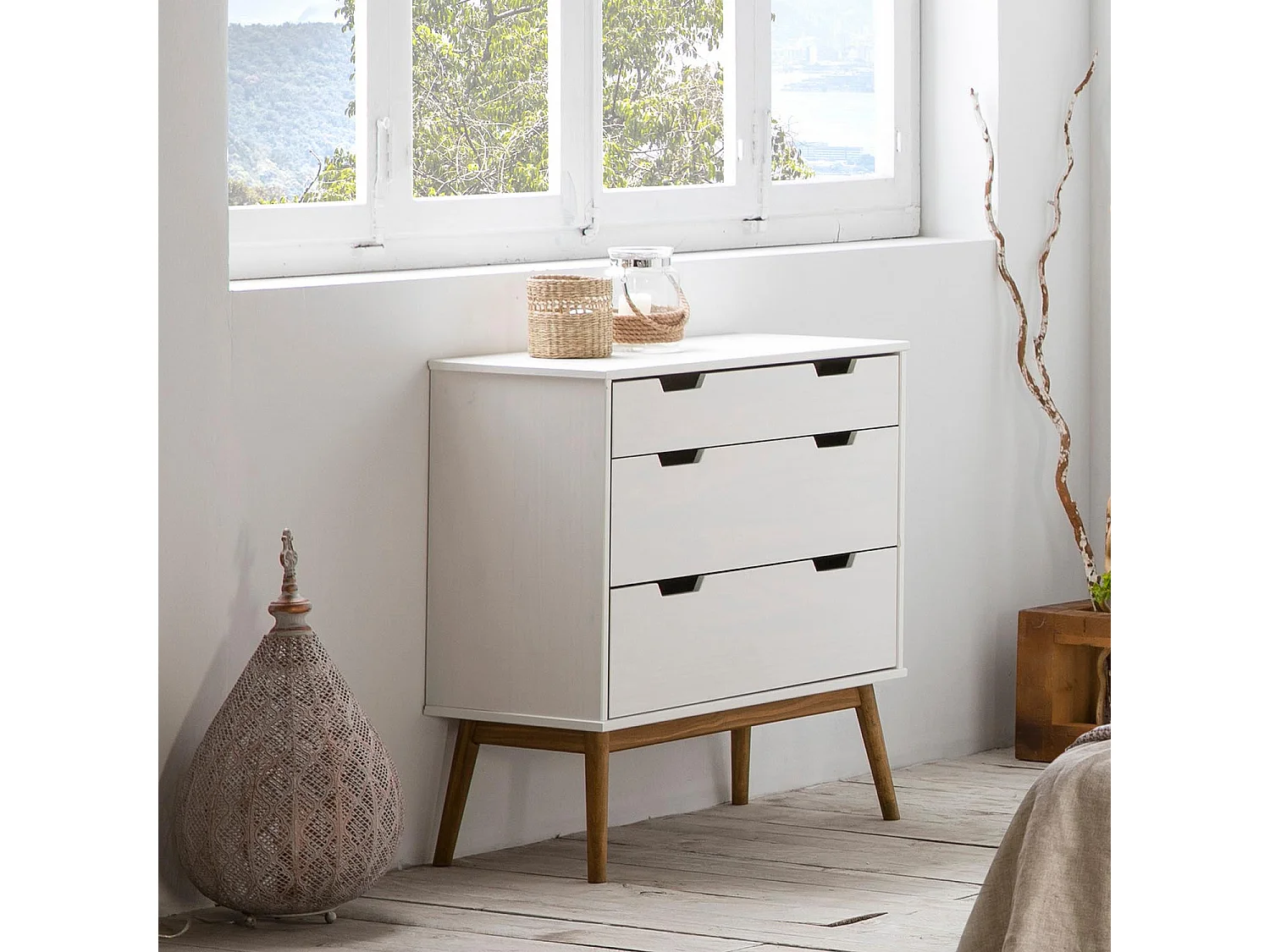 Commode Baku 3 tiroirs couleur blanc, 80 cm longueur