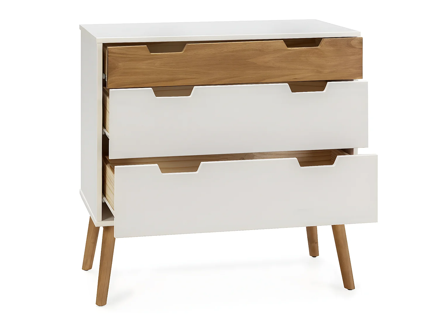 Nachtkastje Baku met 3 laden in wit/was kleur, 80 cm breed.