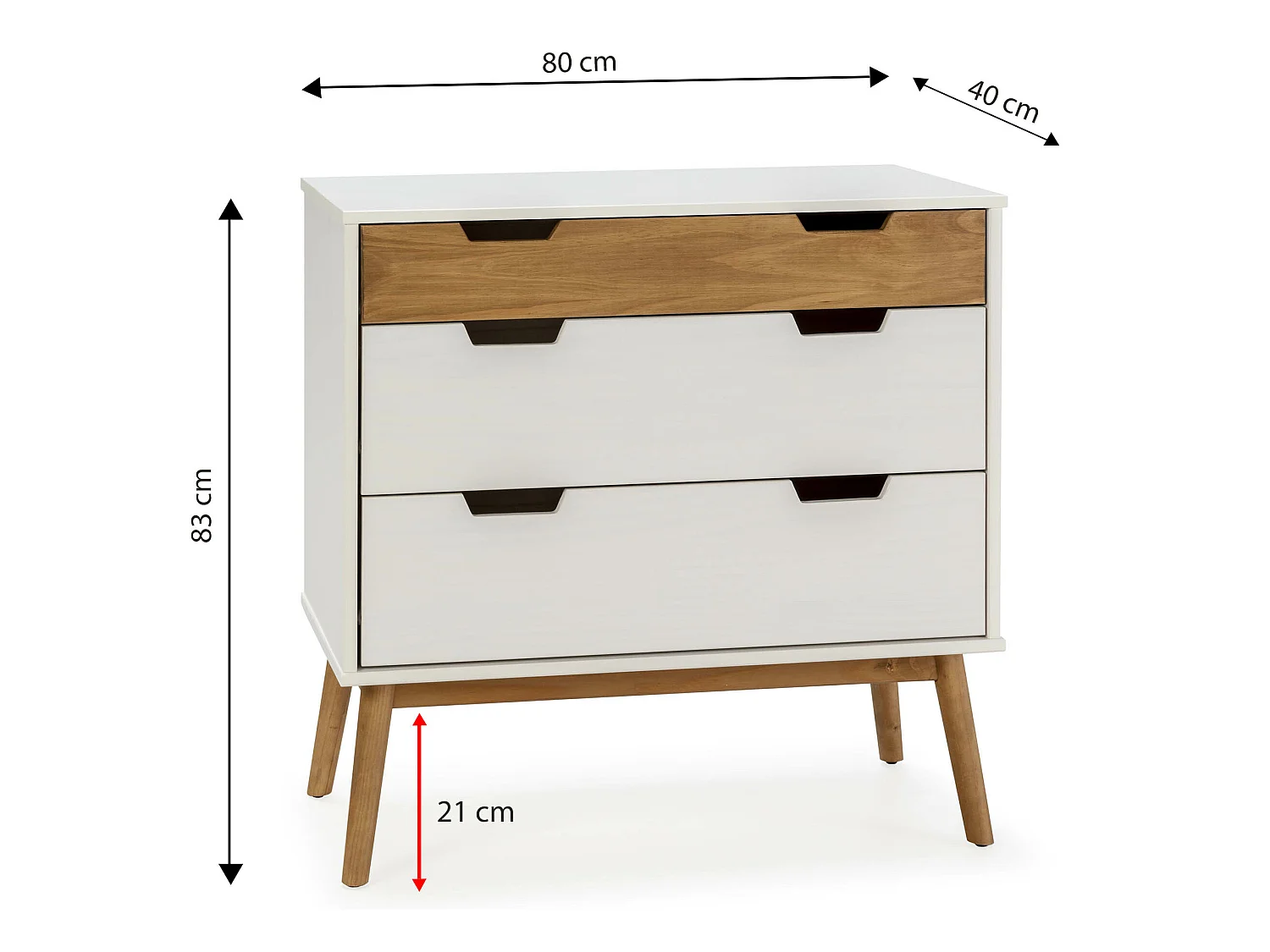 Nachtkastje Baku met 3 laden in wit/was kleur, 80 cm breed.