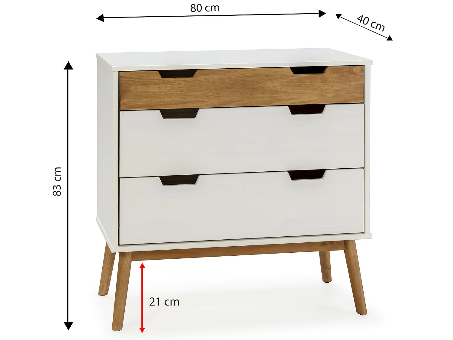Commode Baku 3 tiroirs couleur blanc/bois, 80 cm longueur