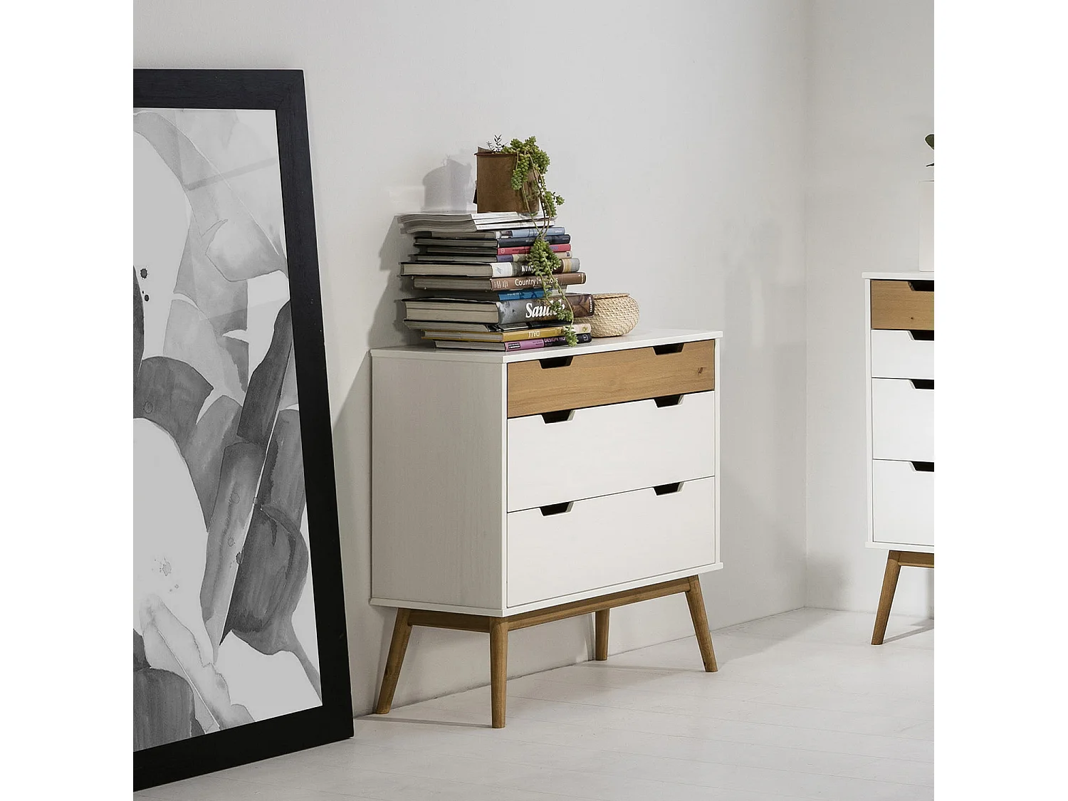 Commode Baku 3 tiroirs couleur blanc/bois, 80 cm longueur