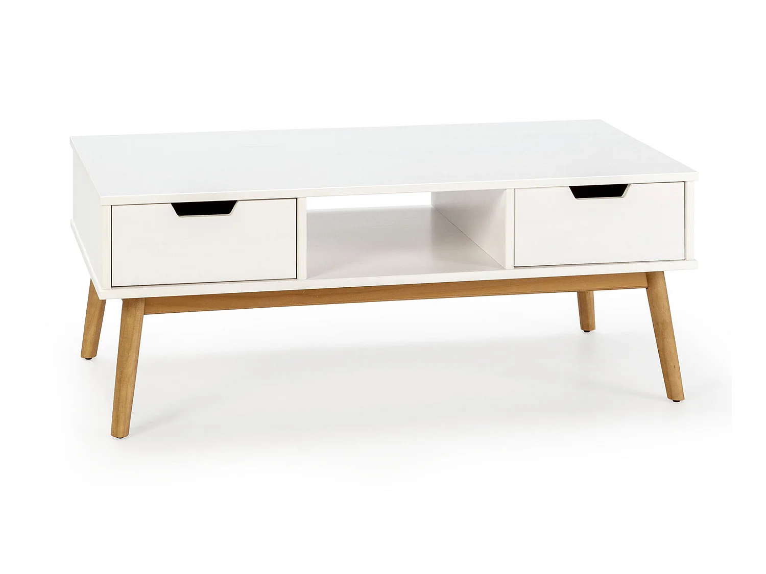 Table basse Baku blanc, fabriqué en bois de pin massif, 2 tiroirs, 110 cm