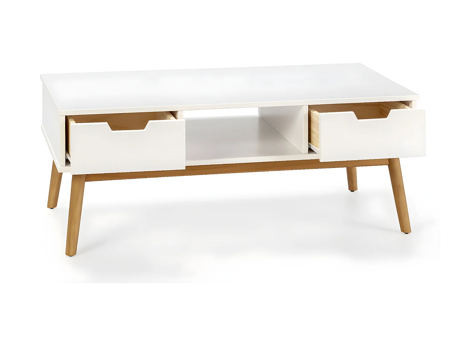 Table basse Baku blanc, fabriqué en bois de pin massif, 2 tiroirs, 110 cm