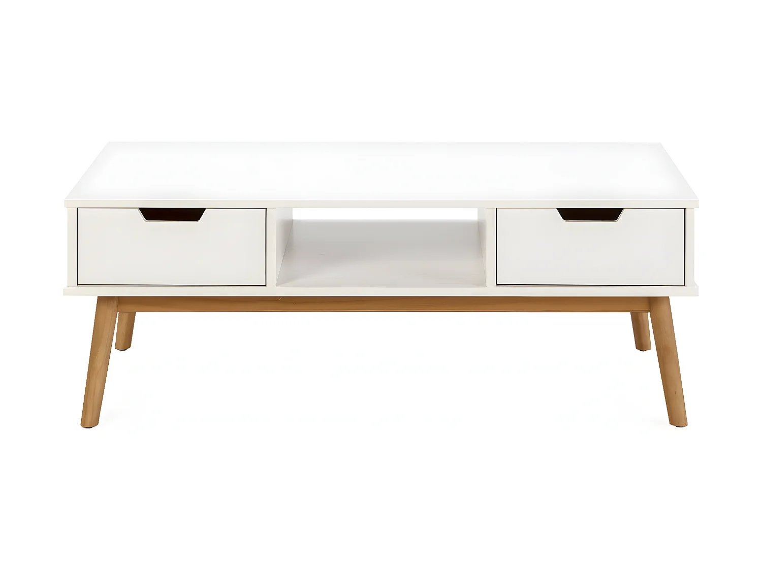 Table basse Baku blanc, fabriqué en bois de pin massif, 2 tiroirs, 110 cm