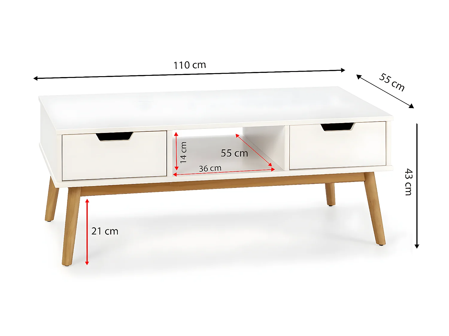 Table basse Baku blanc, fabriqué en bois de pin massif, 2 tiroirs, 110 cm